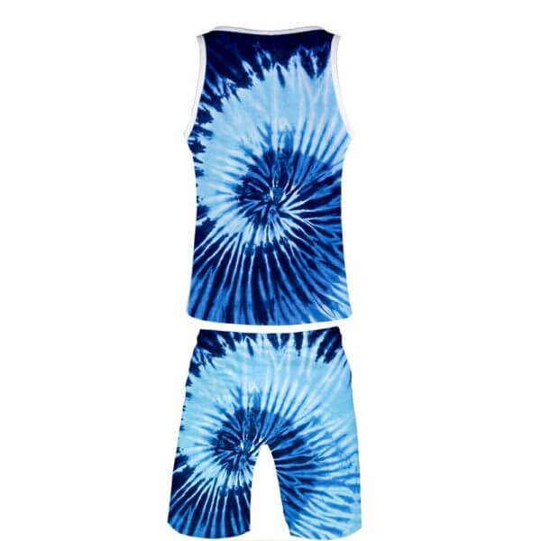 back side of the Mens Blue Tie Dye tank top and shorts